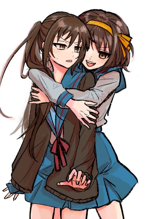Haruhi hugging Kyonko from behind.
Source: https://twitter.com/85bBamboo/status/1724110198317682705