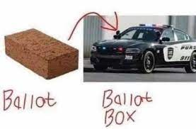 [picture of a brick]
Ballot

[picture of a police car]
Ballot Box

[red arrow from brick to police car]
