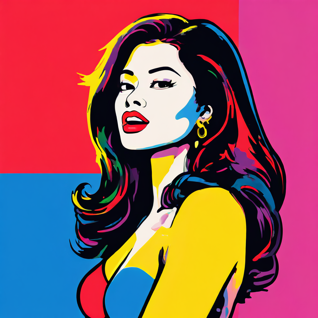 pop art AI generated Asian woman with long black hair (inspired by a picture of me) -- dangling earrings, red lipstick, eye contact, primary colours or red, yellow, blue