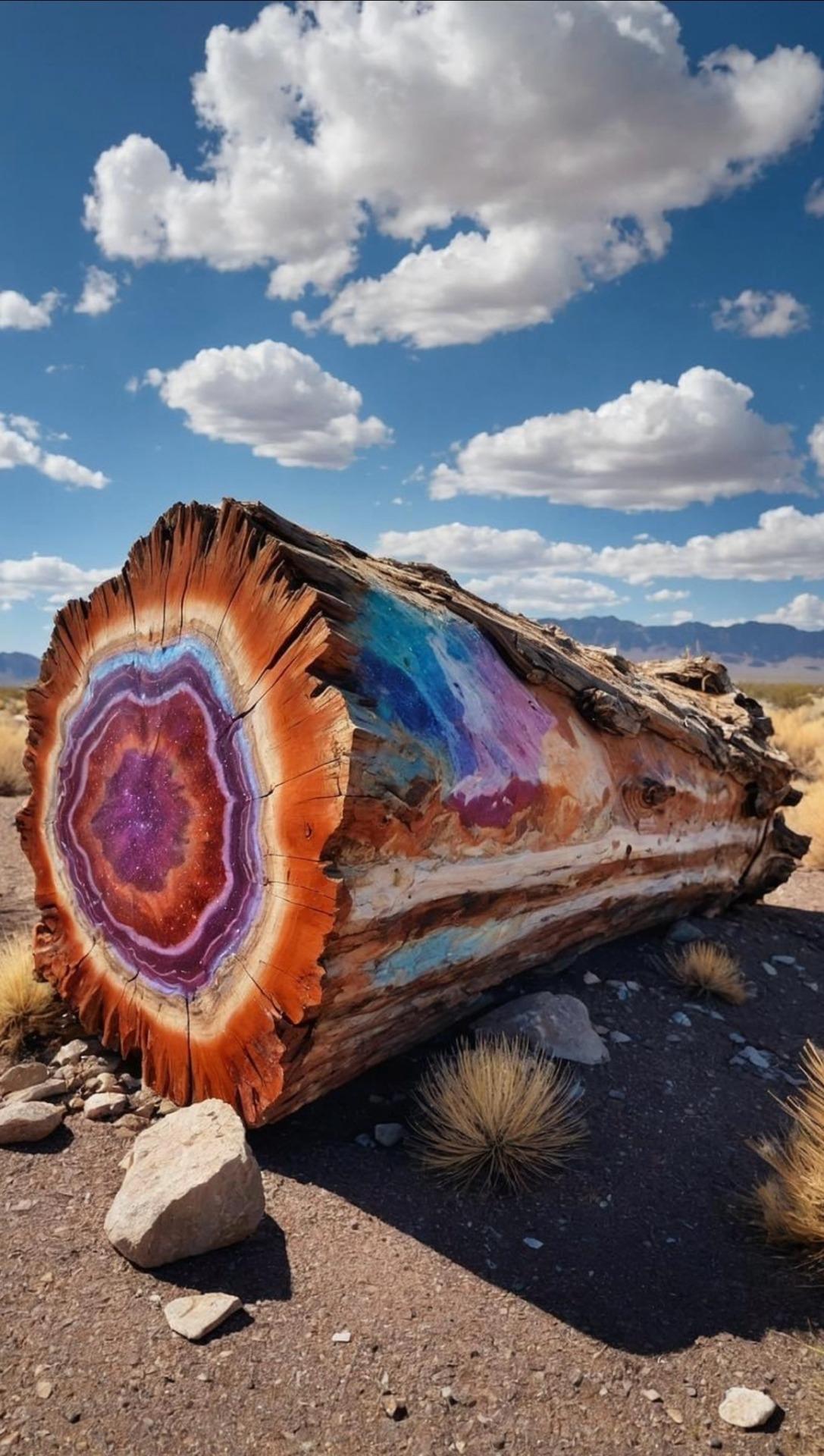 An ancient petrified log lays in the Arizona desert on brown dirt surrounded by tufts of crab grass. It's cut through, the rings glistening in rainbow shades of red, pink, orange, yellow and brown. It's surreal, glossy and seems painted but it's a natural effect An ancient petrified log lays in the Arizona desert on brown dirt surrounded by tufts of crab grass. It's cut through, the rings glistening in rainbow shades of red, pink, orange, yellow and brown. It's surreal, glossy and seems painted but it's a natural effect