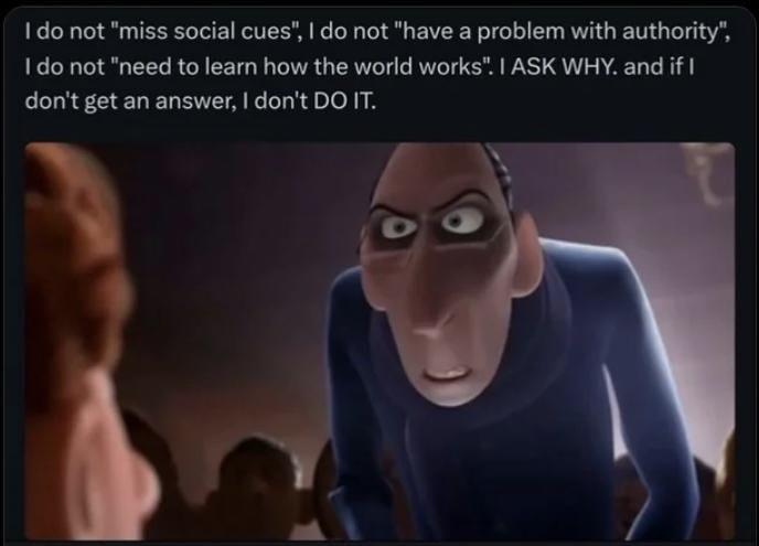 A meme with a scene from ratatouille, showing Anton Ego leaning forward with a serious and intimidating face.

The text says: I do not "miss social cues", I do not "have a problem with authority", I do not "need to learn how the world works". I ASK WHY. and if I don't get an answer, I don't DO IT.