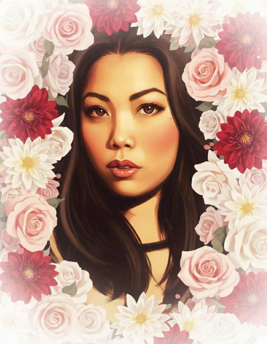 stylized illustration of my current profile picture. There are dahlias and roses surrounding me as a frame