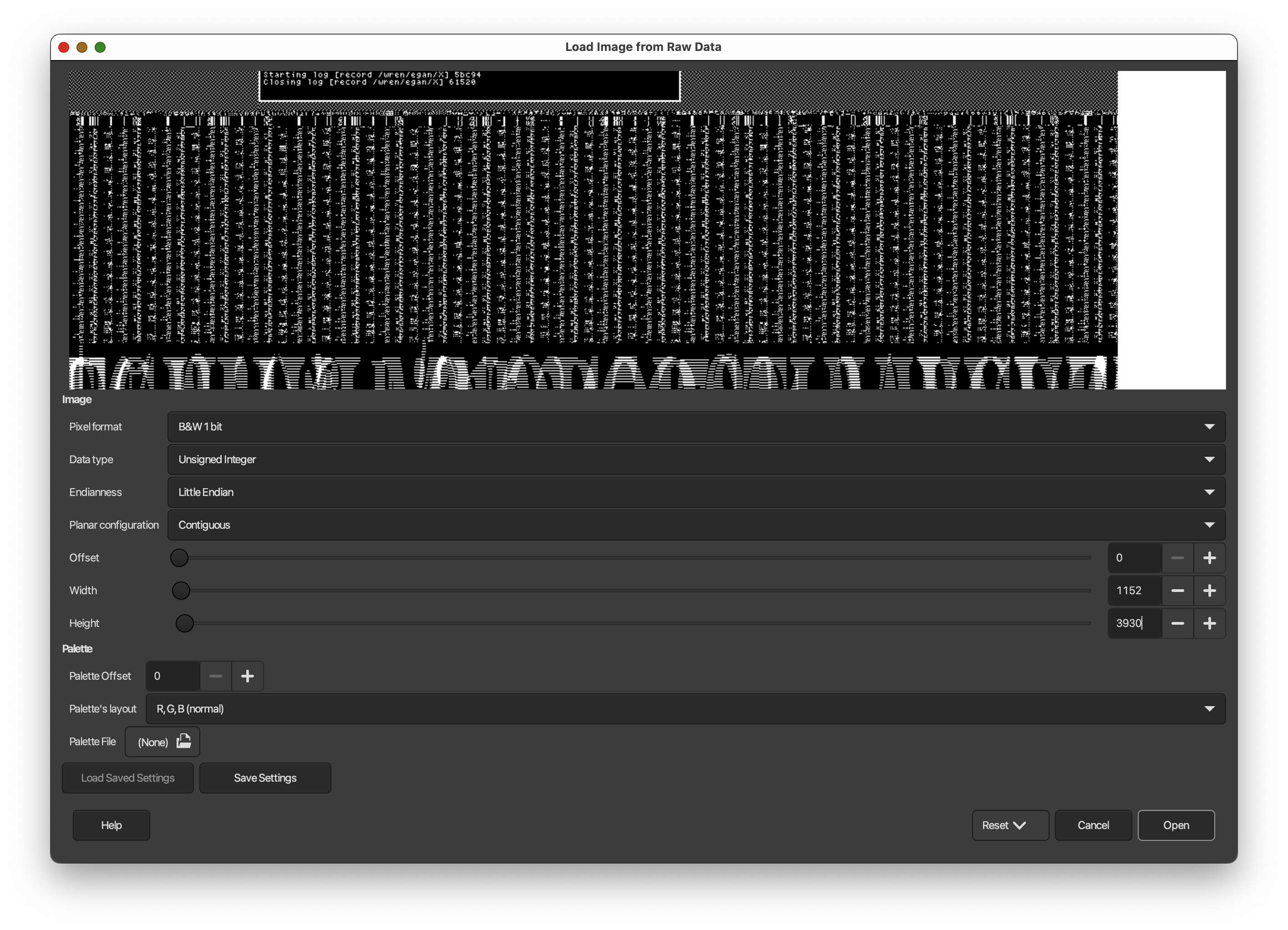 A screenshot of "Load image from Raw Data" dialogue from GIMP showing some clear bitmap (checkered pattern and text on top), then bit patterns, and then some soft of font data that parsed incorrectly A screenshot of "Load image from Raw Data" dialogue from GIMP showing some clear bitmap (checkered pattern and text on top), then bit patterns, and then some soft of font data that parsed incorrectly
