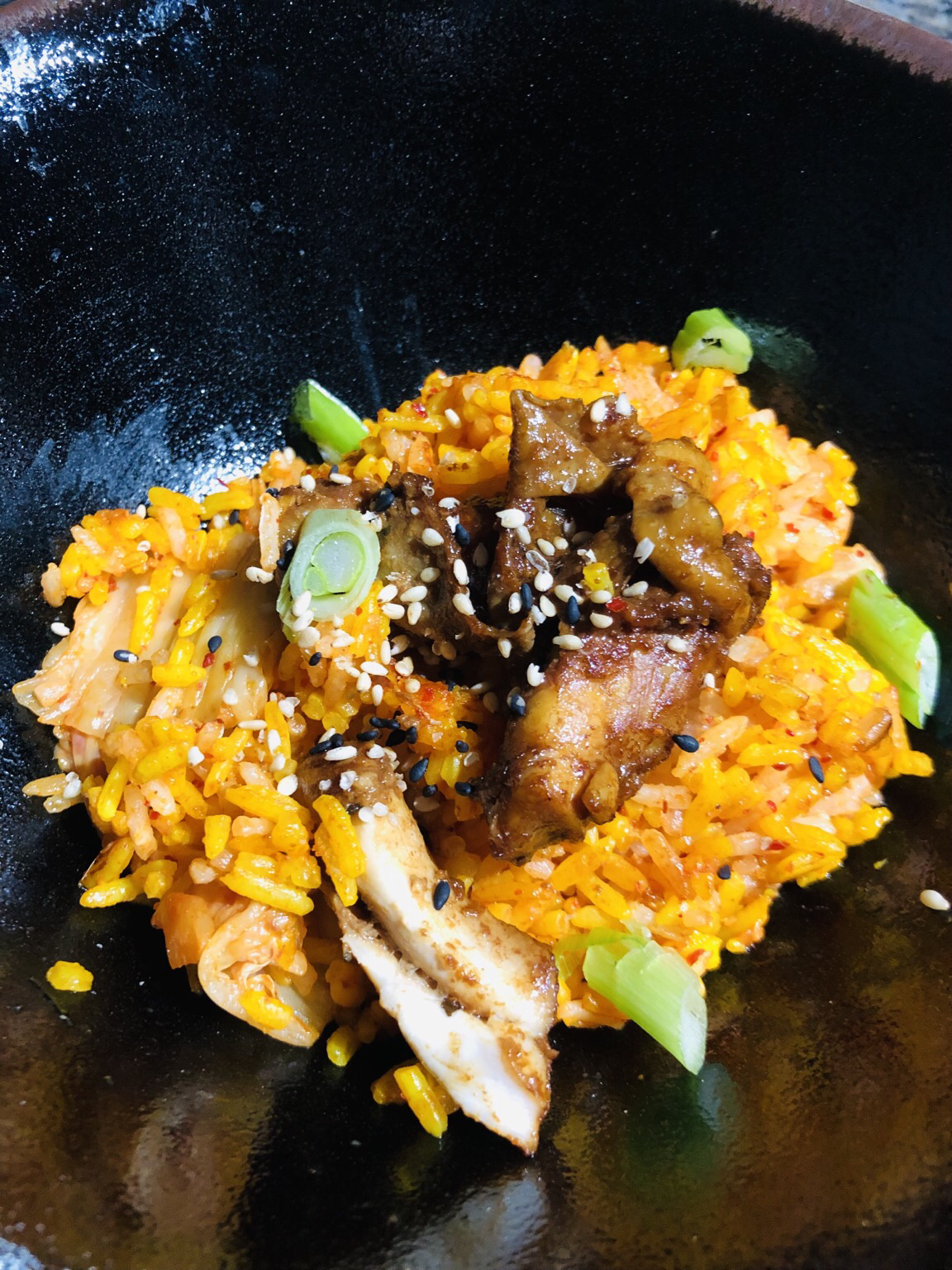 Kimchi rice with the marinated chicken from the video