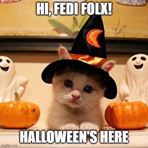 kitten wearing halloween hat. behind here are ghosts and pumpkin figurine. caption says "hi, fedi folx! Halloween's here" and is a meme made via imgflip