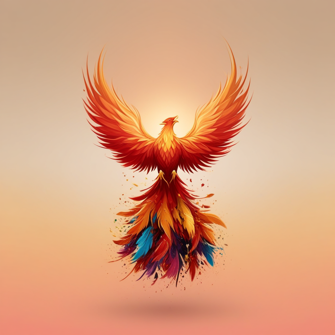 digital design of the sarimanok (Philippine Phoenix). It's a mythical bird done in flame orange, rising up. Some of the tail feathers are blue green, with the poster background as soft sunset.
