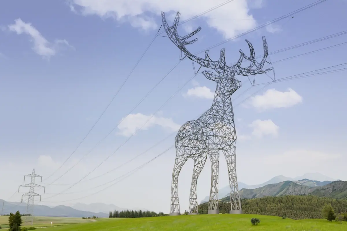 A power pylon shaped like a deer, antlers supporting the power lines. It's set in an alpine region
