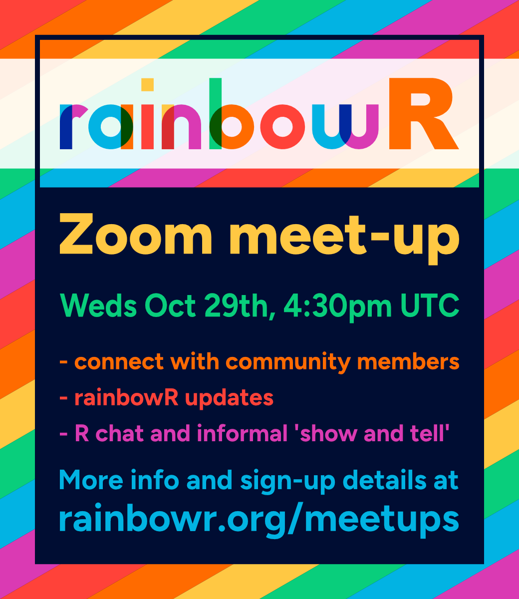 Flyer for rainbowR meet-up. Bright rainbow striped background, inside a dark navy box with bright text in rainbow colours:  rainbowR zoom meet-up: Wednesday Oct 29th, 4:30pm UTC. Sign up via rainbowR.org/meetups
