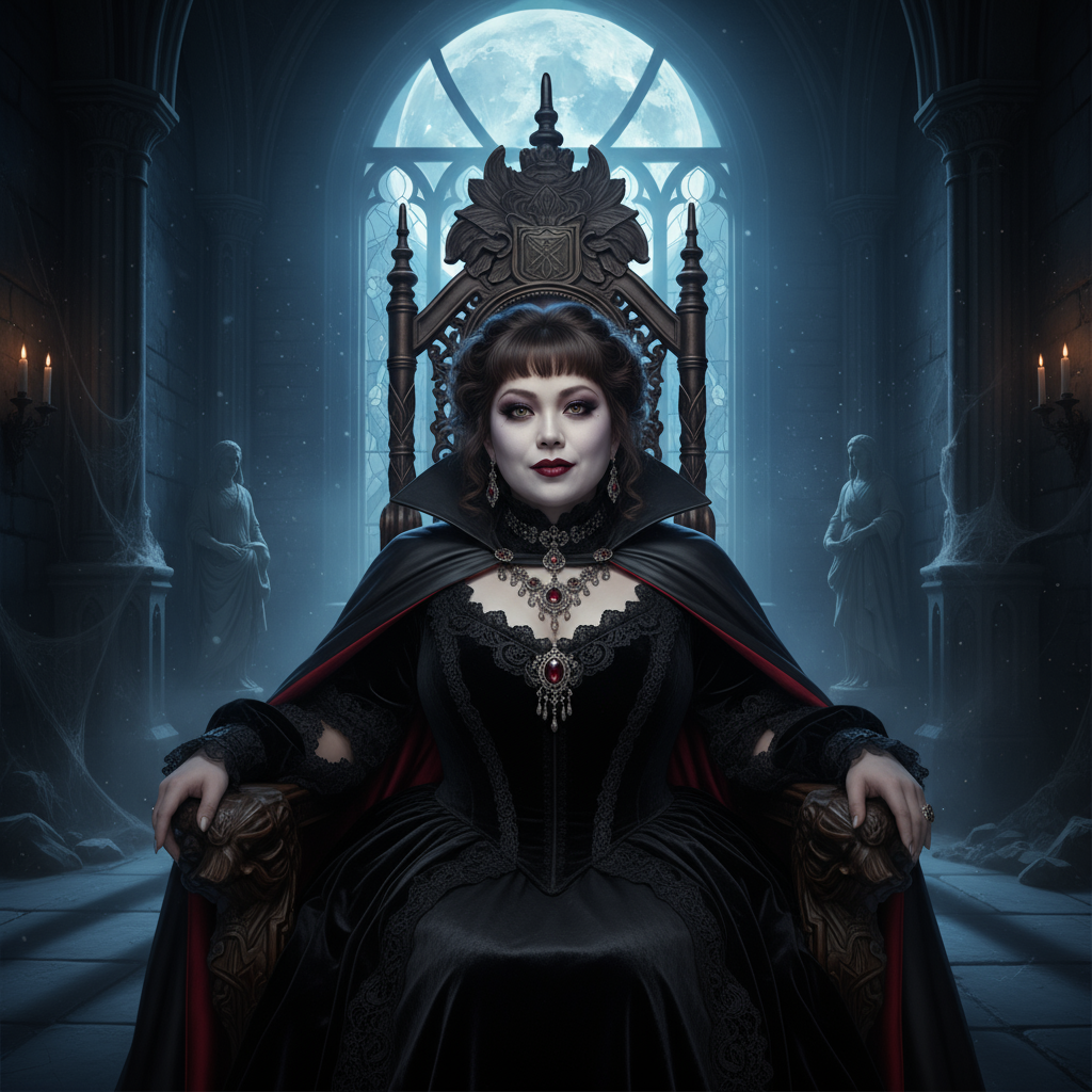 deepimage render of my profile picture as a "Victorian vampire queen sitting on a throne during a moonlit night"