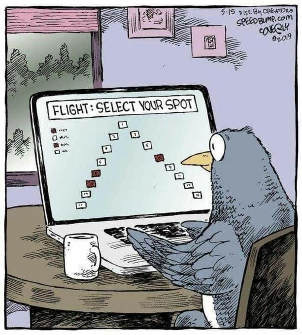 This is a comic from the series "Speed Bump" by Dave Coverly. The cartoon depicts a pigeon using a laptop to select a seat for a flight. The seat map on the screen shows a series of seats arranged in a parabolic arc, which is a visual pun referencing the flight path of a bird.