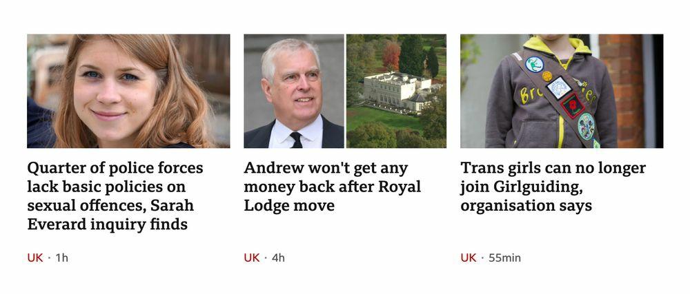 A trio of stories from the BBC News website.
The first says "Quarter of police forces lack basic policies on sexual offences, Sarah Everard inquiry finds."
The second says "Andrew won't get any money back after Royal Lodge move" (he home and titles after the Epstein revelations).
And the third says "Trans girls can no longer join Girlguiding, organisation says," which will really do amazing things to keep women safe from *checks notes* predatory cis men.