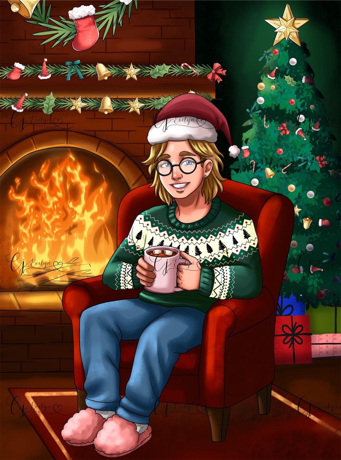 An illustration of a woman sitting comfortably in a red armchair, wearing a festive sweater and a Santa hat. Holding a pink mug, she smiles in front of a roaring fireplace. A decorated Christmas tree and garlands adorn the background, creating a cozy, holiday atmosphere.