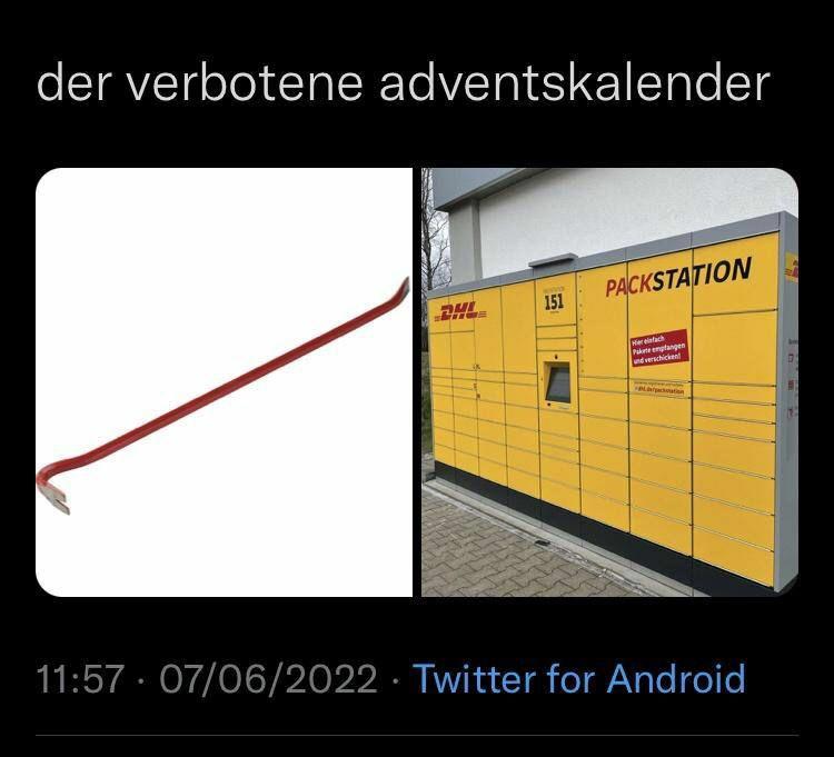 A meme of a crowbar in one picture next to a DHL Packstation, a huge metal cabinet maybe 5m wide which has locked shelves waiting to be opened