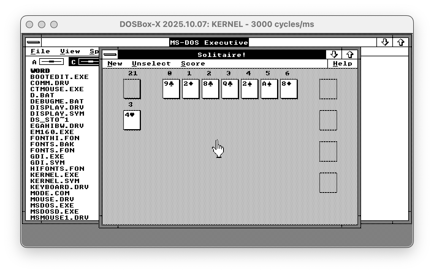 Windows 2 running in Dosbox in EGA monochrome mode - the fonts look decisively different from a previous screenshot. This is a real Windows 2 with Windows 2 video driver
