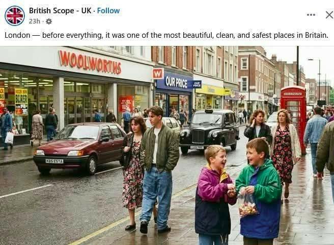 Idiotic right-wing propoganda: "London - before everything, it was one of the most beautiful, clean and safest places in Britain." In the AI image, a character in the foreground has his feet on the wrong way, facing backwards.