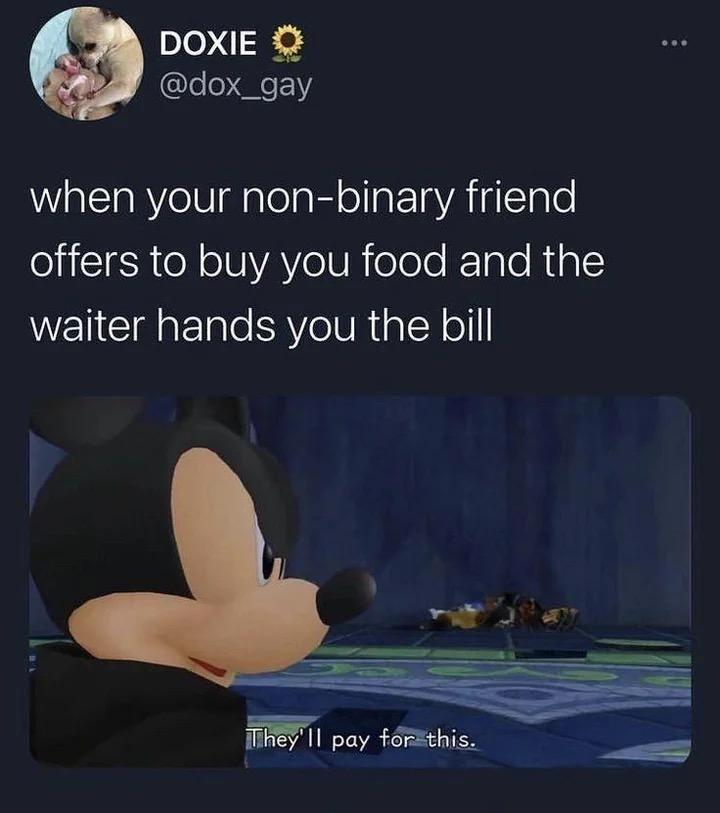 A tweet with an image, "when your nonbinary friend offers to buy you food and the waiter hands you the bill", below that showing a screenshot from kingdom hearts(?), with mickey looking angry to the side of the screen, saying "they'll pay for this"