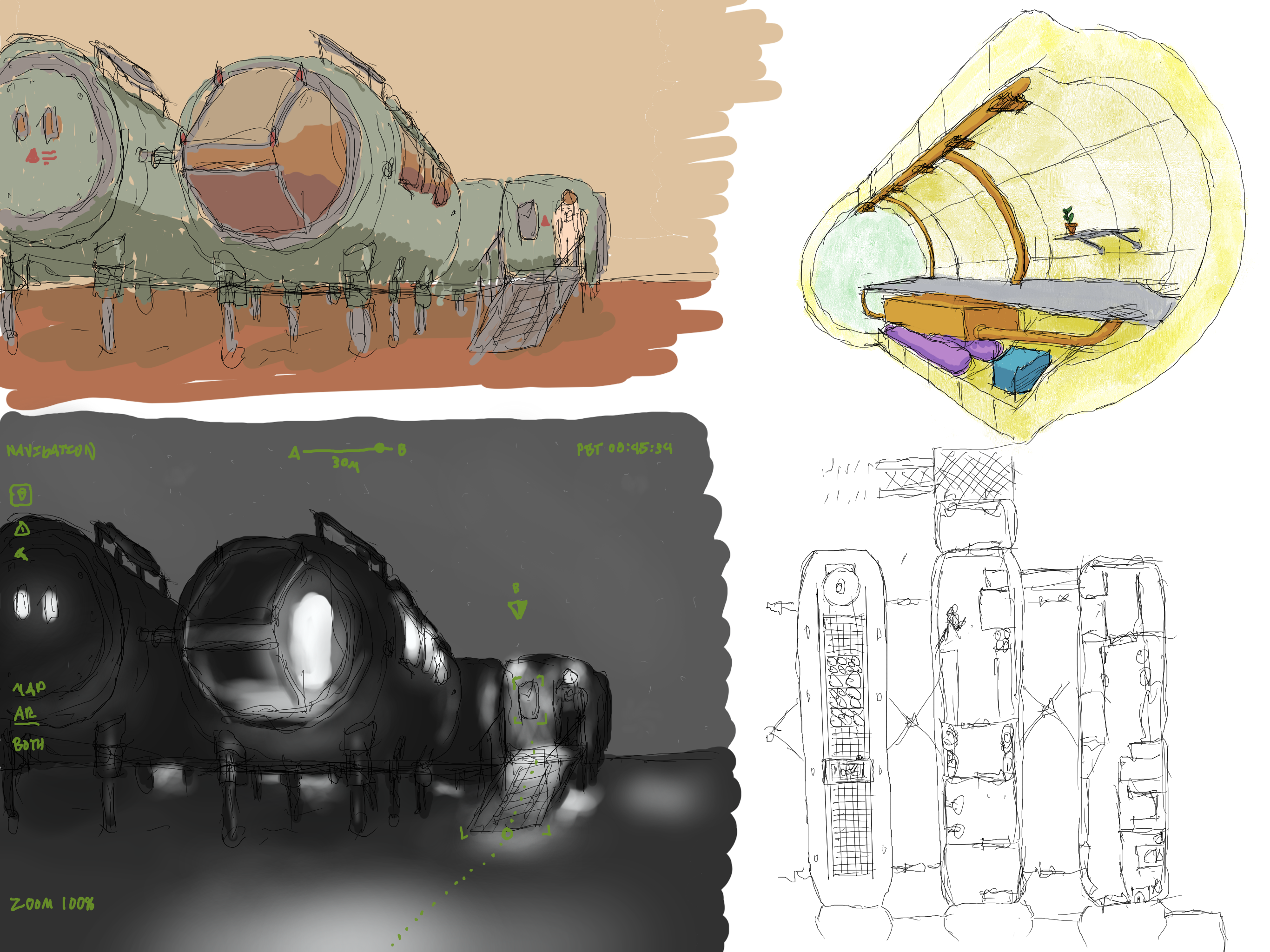 Four drawings of a mars base lab, counterclockwise from top left:
-The base in daytime, seen from close by at standing height. It is composed of multiple cylindrical modules. The nearest module has a windowed cupola. Further away is an airlock module with two suitports, one occupied. To the left is a docking port door.
-The same point of view but at night, as if see through a night vision camera. Light emanates from several windows and lights around the lab, spilling onto the regolith. Green heads-up display text is overlaid onto the image as well as navigation waypoints.
-A top-down sketch of the plant growing, biosafety lab, and general lab modules of the lab, each attached at one end to a corridor module.
-A cutaway sketch of a single module, showing the HDPE radiation protection, miscellaneous HVAC equipment, the floor, and a single potted plant for scale