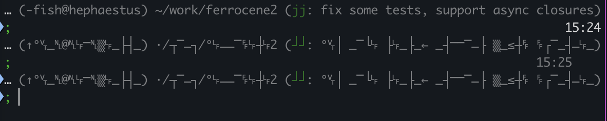 screenshot of a fish prompt. the characters are uh. not recognizable. this looks like upper planes of Unicode standard, maybe?