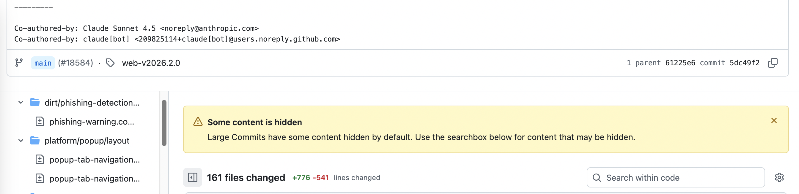 A screenshot of a commit from Bitwarden repo showing a change authored by Claude, with 161 files changed, 776 lines added and 541 lines removed; some of the changed files are hidden by Github