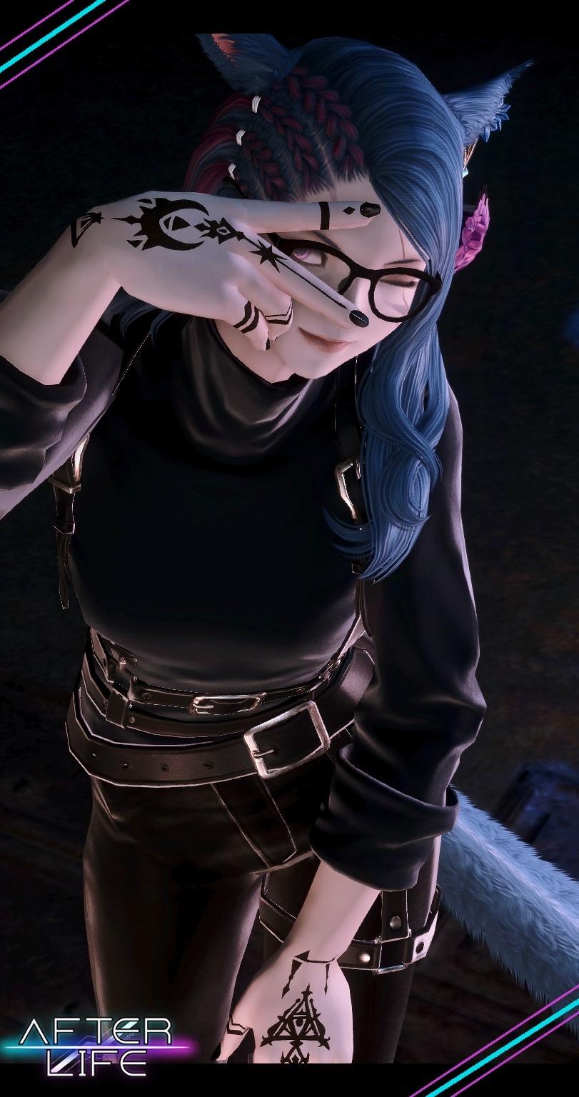 A character with stylized blue hair and cat-like ears, wearing glasses and a black outfit, poses playfully with a hand gesture. The character features intricate tattoos on the arm, and the background is dark with a neon aesthetic.