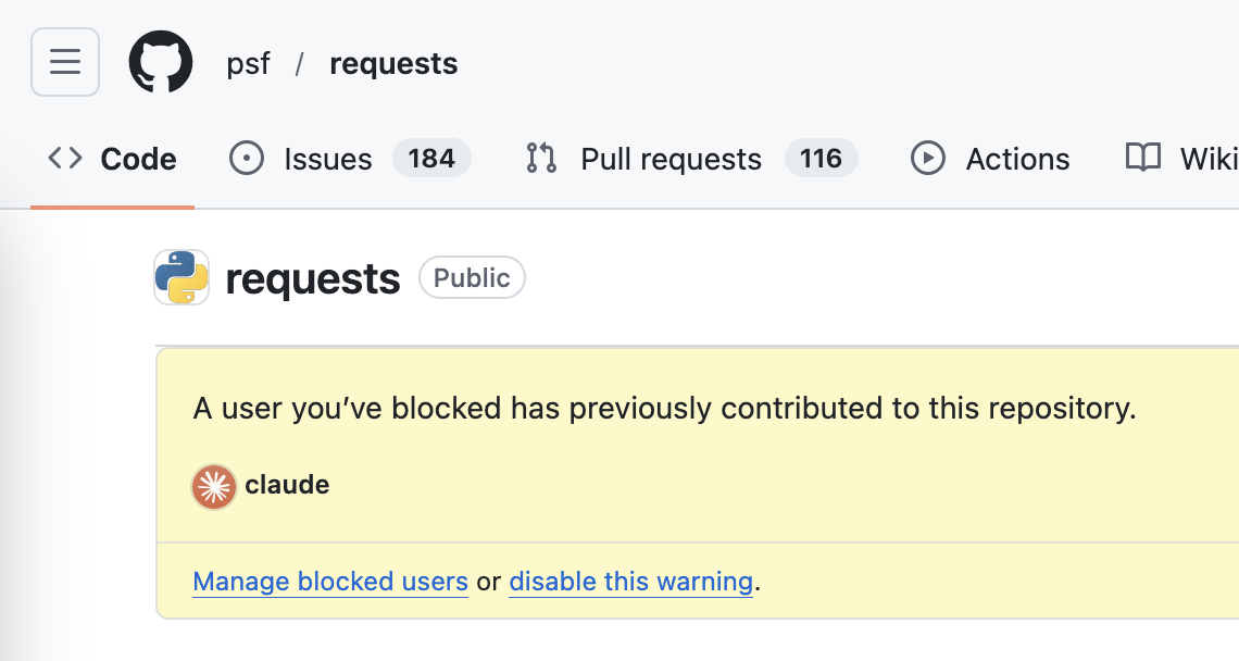 Github screenshot:

psf/requests - claude has contributed to this repository