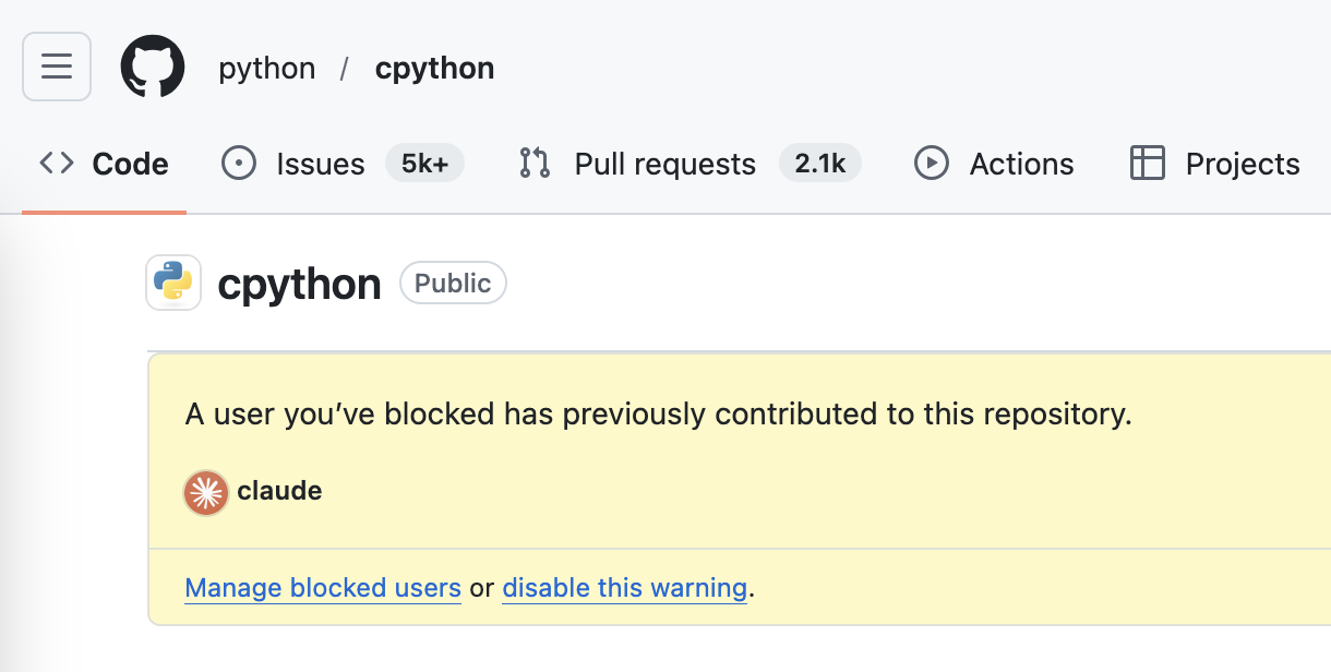 Github screenshot:

python/cpython - claude has contributed to this repository