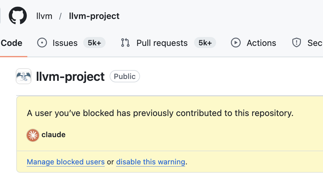 Github screenshot:

llvm/llvm-project - claude has contributed to this repository