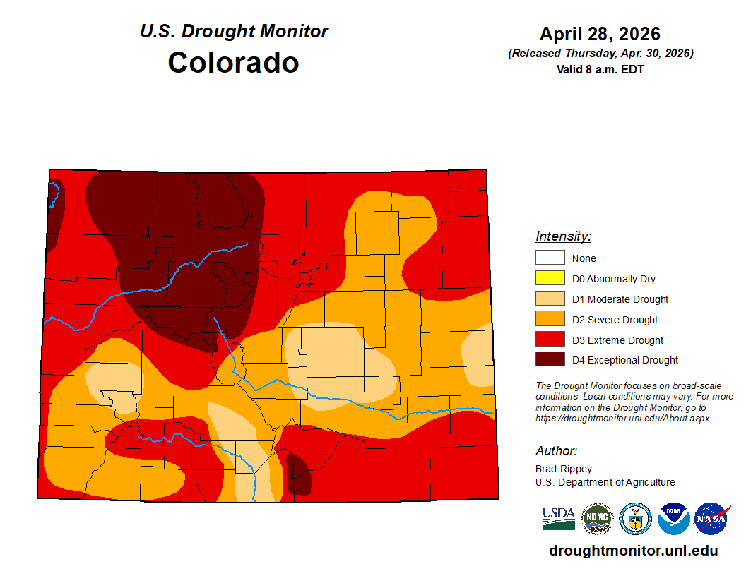 A map of Colorado showing the distribution of drought conditions across the state. All counties are still experiencing some level of drought from D1 Moderate Drought (tan) to D4 Exceptional Drought (dark red).