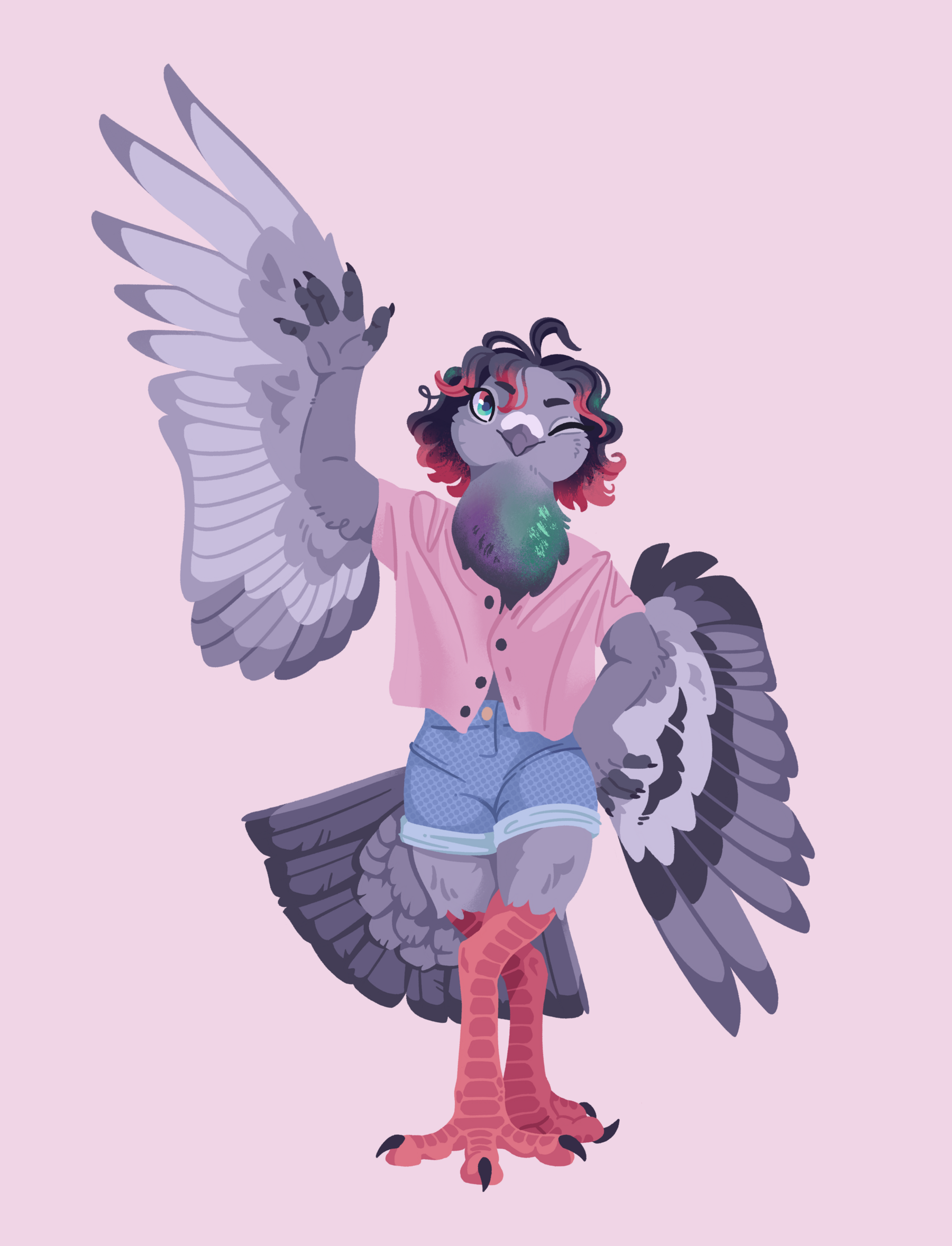 illustration of an anthro feral pigeon. walking towards the viewer, giving a friendly wave with its large winged arms. styled femmely, wearing a pink button-up and denim shorts, its short wavy hair with pink ends flows down onto the fluorescent neck.