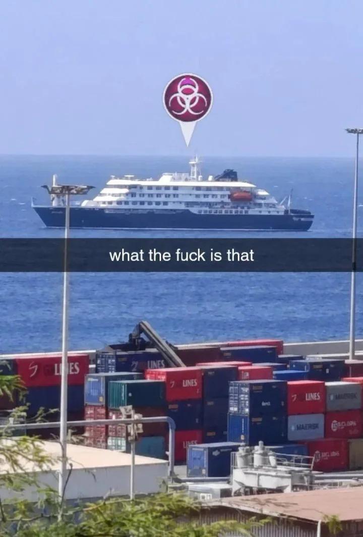 A photo of a cruise ship in the distance, with the Plague Inc infection popup, and a caption "what the fuck is that"