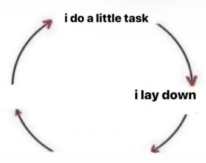 A circle of arrows meme, the first part says "I do a little task", the second part says "I lay down", and the other parts say nothing