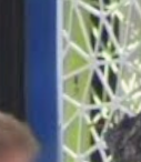 Blurry close up of a google street view image showing a little coleen sticker inside the geometric wall accent.