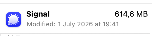 Signal.app file details, it is 614,6MB in size
