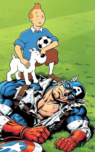 Battered Captain America, uniform torn, lying on grass with eyes closed. Standing on top of him are Tintin and Milou. Tintin is holding a soccer ball (football) in one arm.