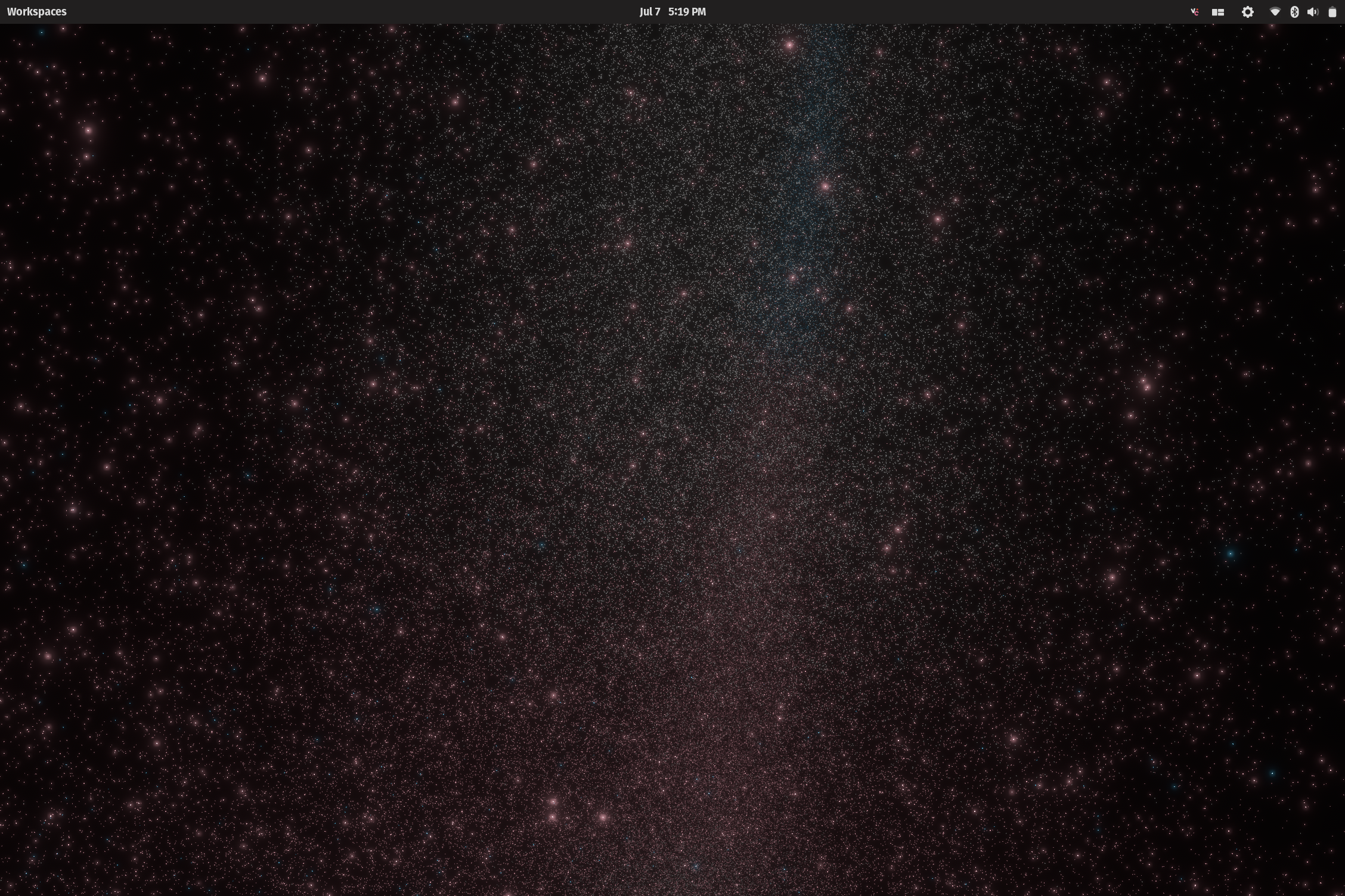 Mostly red starfield with a yellow section surrounding a blue line in the top middle