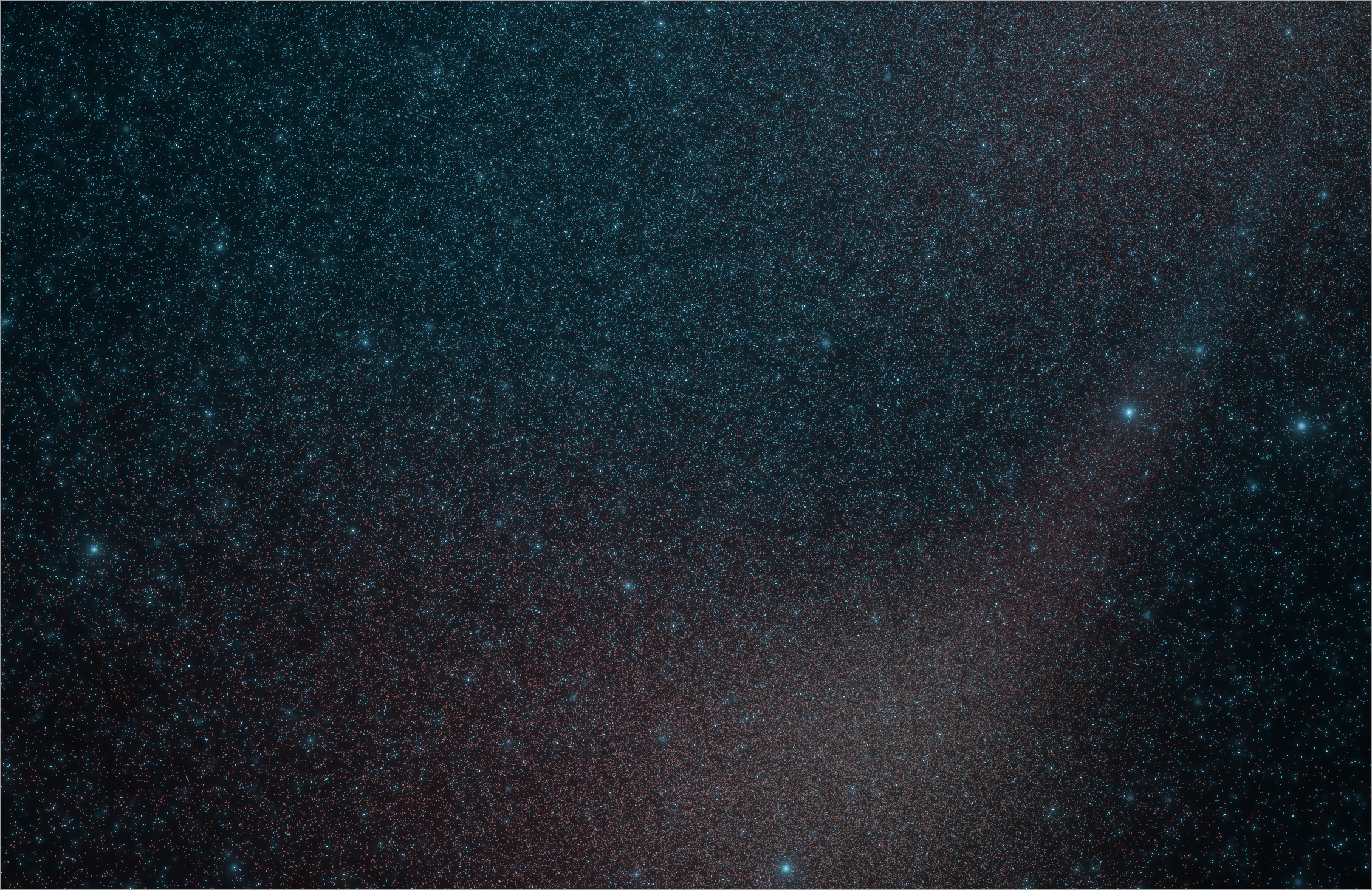 More complex gradient.  Top left is blue and has many stars, bottom right is also blue but with less stars.  Behind the blue stars, there is a line of stars from one of the galaxy's arms starting wide in the bottom left and narrowing to a point in the top right.  The arm starts red, then yellowish-white, then red, then blue.
