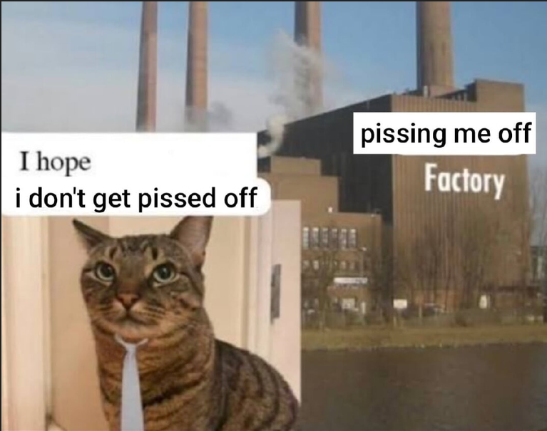 There’s a cat wearing a tie with the caption “I hope I don’t get pissed off” and in the background is a factory building with the text “pissing me off factory” on it