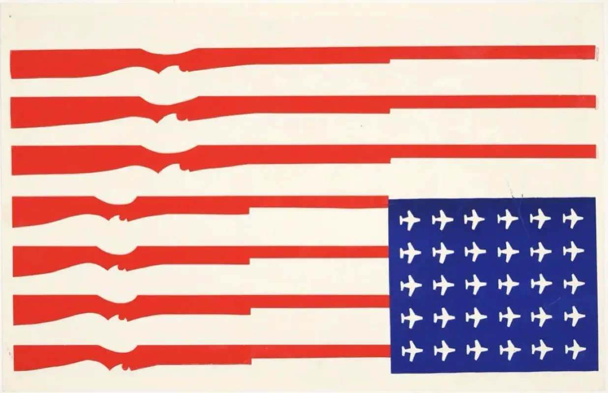 The Stars and Stripes flag but inverted. The red stripes replaced with rifles, the stars with military airplanes