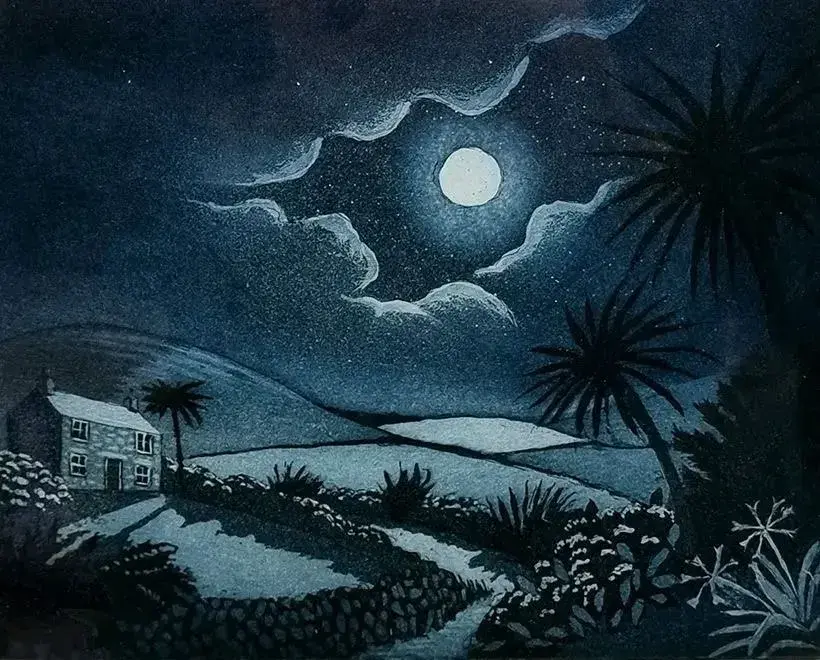 A stylized Cornish coastal landscape under a dramatic cloud-rimmed full moon, featuring rolling fields, distinctive cabbage palm trees