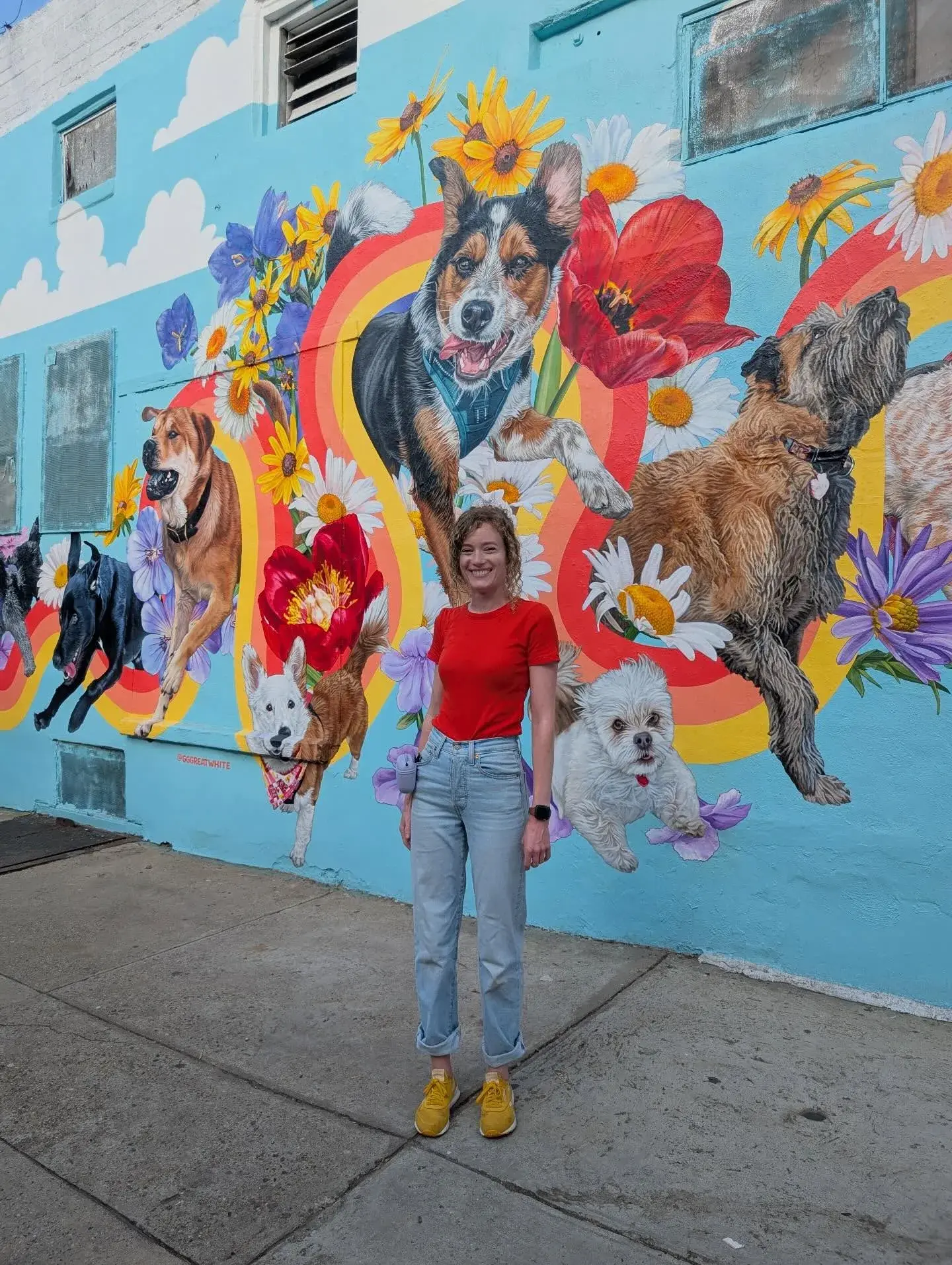 The artwork features portraits of numerous local dogs based on submissions from Philadelphia residents, surrounded by vibrant flowers and rainbows.