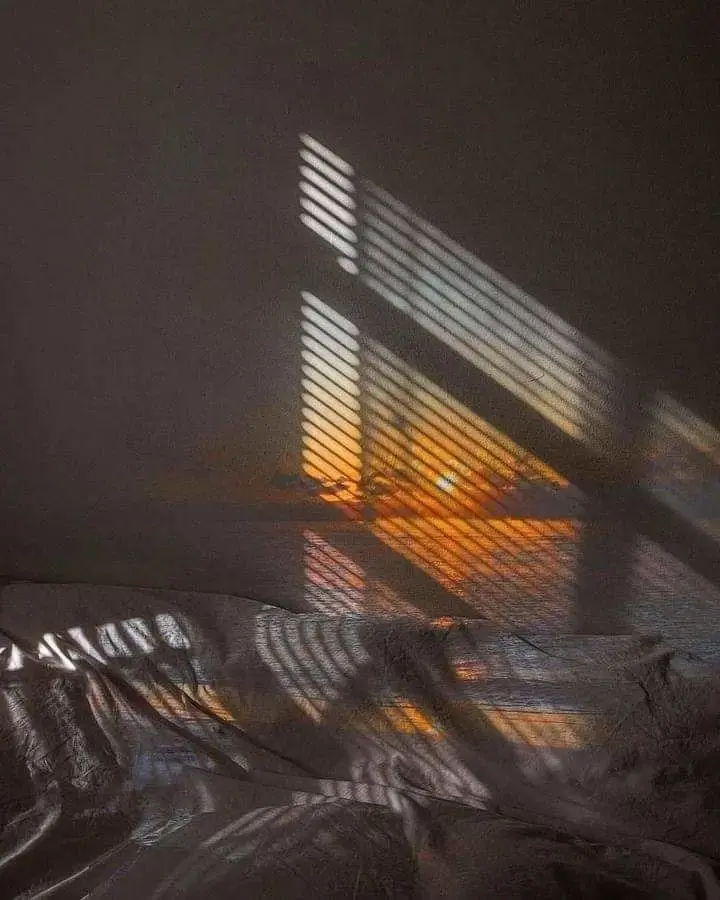 The rays of sun penetrate the blinds of a room except they magically project a sunset over the ocean onto the back wall.