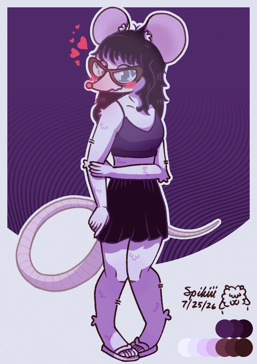 A drawing of an anthro mouse lady blushing and trying her hardest to maintain her composure because she's clearly gay as hell and just saw a cute lady and/or lady adjacent entity walking by (maybe viewing this piece??? who knows!)

She's tall and skinny and has pinkish-white fur, a long pink tail, and shoulder-length black hair that's wavy and very tussled. She's wearing a pair of thick butterfly-framed purple glasses, a purple bralette, a black mini-skirt, and a pair of pink flip-flops.