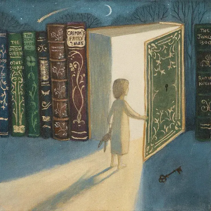 A child with toy rabbit opens a human sized book to reveal a hidden world beneath a shooting star