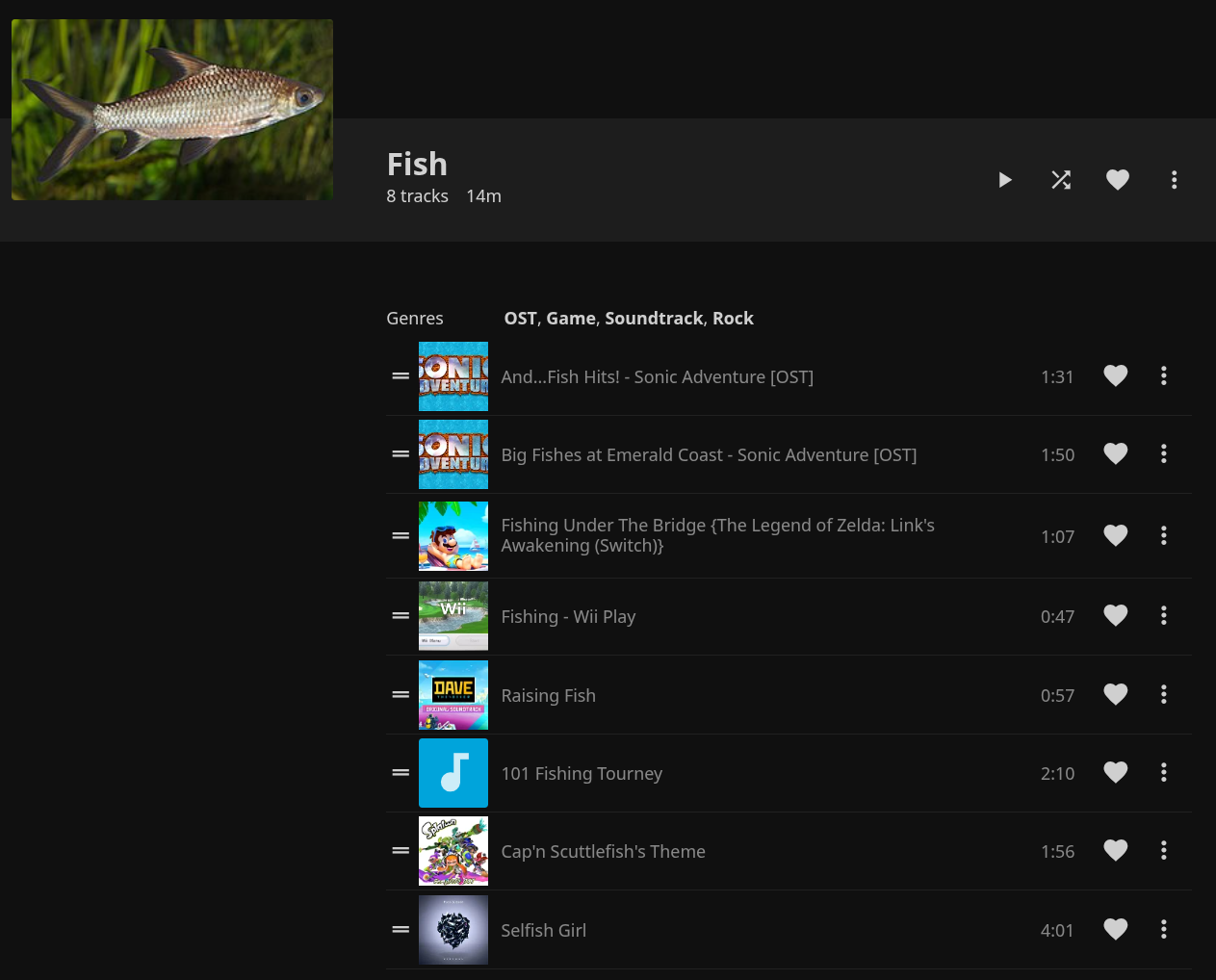 a jellyfin playlist, called "fish", with various songs that have the word fish in the title, mostly from videogame soundtracks. there's also a passcode track called "selish girl"
