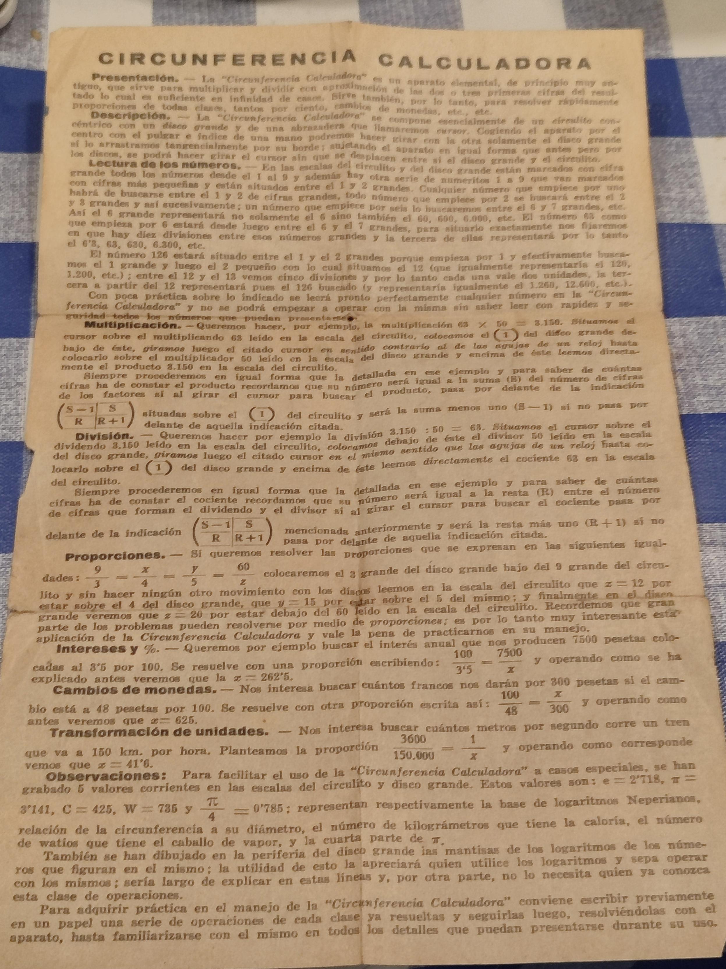 Libro de "destrucciones" de la circunferencia calculadora, en papel amarillento, pero aún intacto.