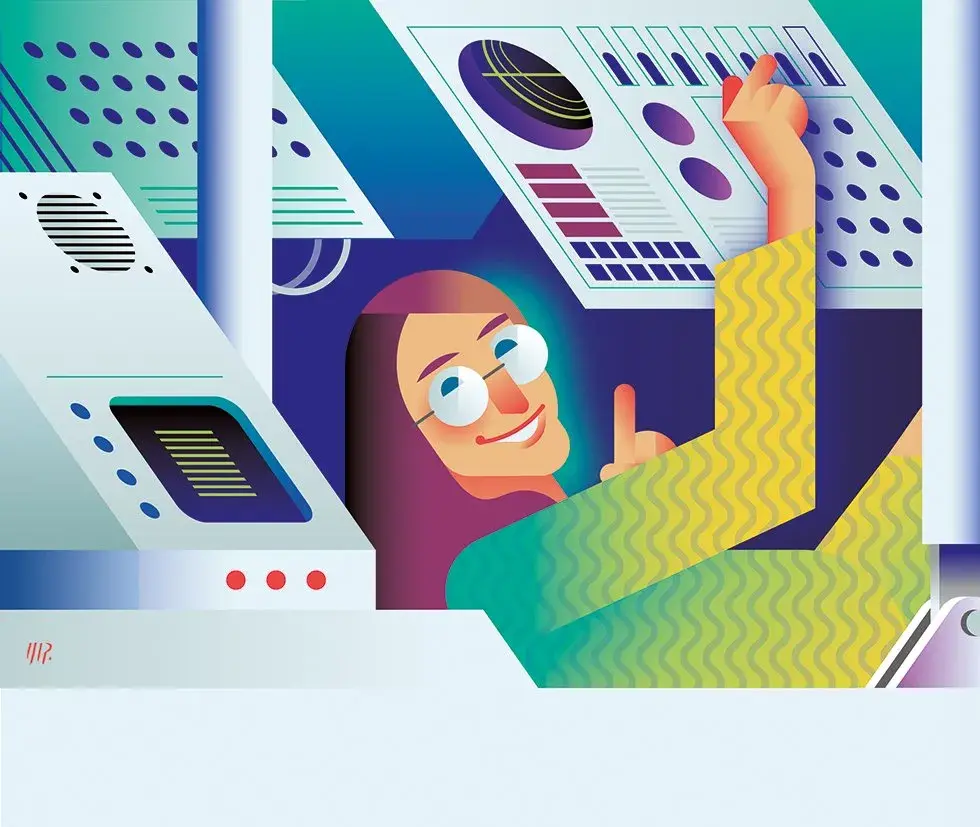 The image is a digital vector illustration of Margaret Hamilton with long brown hair and glasses working at a futuristic control or data console, pointing toward charts and analytical screens.