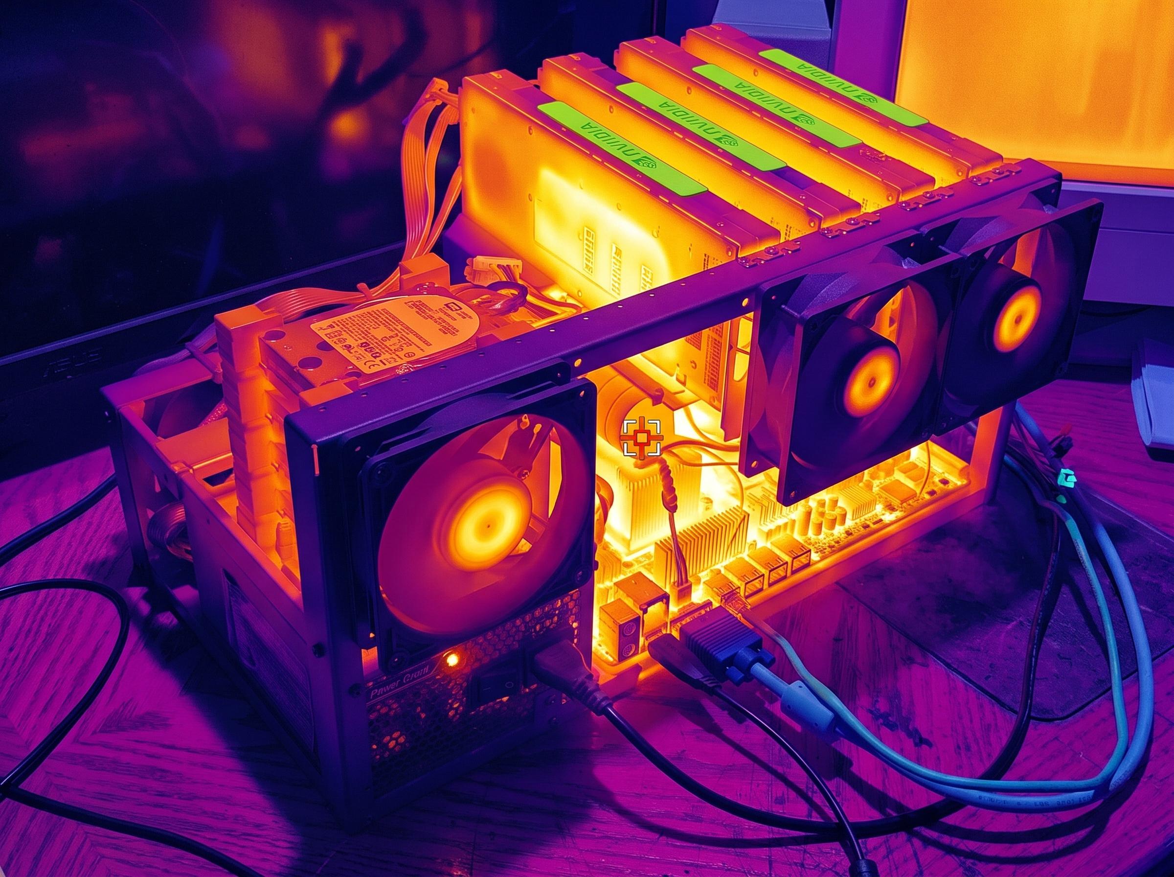 The image presents a striking, open-air computer system transformed by an intense, high-resolution thermal imaging aesthetic. The scene is defined by a dramatic and vivid color palette, where the ambient environment is steeped in deep, cool purples and magentas, providing a stark contrast to the radiant, blinding oranges and yellows of the active hardware.
Dominating the upper tier of the skeletal black frame is a densely packed row of multiple NVIDIA graphics cards. These high-powered componen